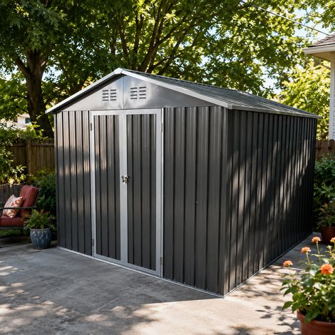 Abri jardin métal 10x8 ft toit pointu gris, stockage extérieur cadre sol intégré, surface 7,46 m², 10x8 ft, coloris gris (1/5)