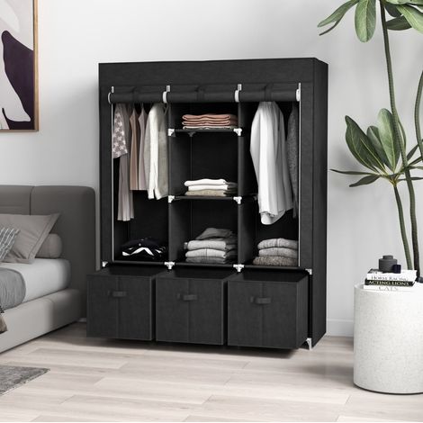 MODFU – Armadio in tessuto con struttura in acciaio nero, 2 appendiabiti, 5 ripiani e 3 cassetti in tessuto, 125x43x162,5 cm – Nero (1/5)