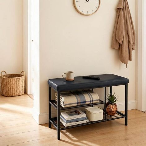 Panca portascarpe con seduta, 3 scomparti aperti, 80 x 30 x 50 cm, nera, OKWISH (1/5)