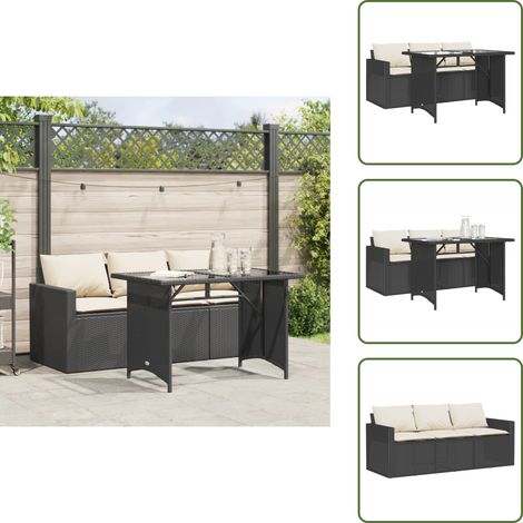 2-tlg. Garten-Essgruppe mit Kissen Schwarz Poly Rattan - Gartengesetze - Gartenmöbelset - Outdoor-Lounge - Balkonmöbel - Terrassenmöbel (1/5)