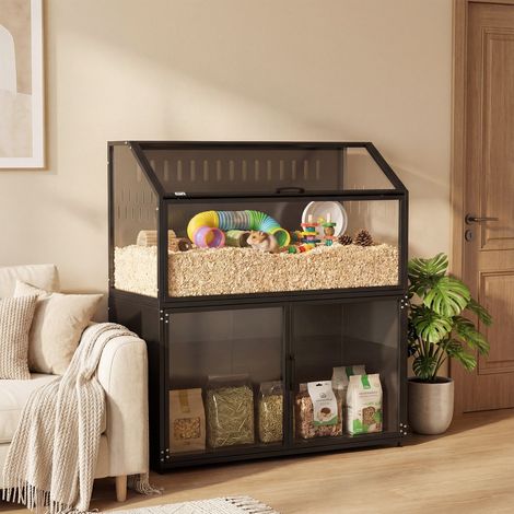 2-in-1 Hamsterkäfig mit Aufbewahrungsschrank für Goldhamster und Mäuse, Stahl und Acryl, Schwarz