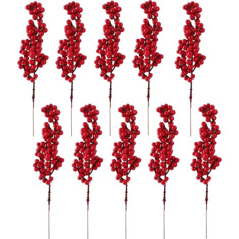 10 pièces fausses baies rouges en mousse sur tiges 22 cm (8,7 in) pour sapin Noël couronne déco bricolage maison fête (1/3)