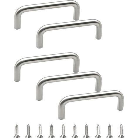 Set di 5 maniglie rotonde in acciaio inox massiccio, interasse fori 64 mm, ferramenta a forma di U per mobili, ideali per camera da letto, bagno, cucina e ante di armadi - Argento spazzolato (1/5)