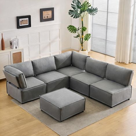 Canapé d'angle modulaire en tissu gris clair 7 modules (1/5)