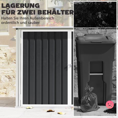Armoire de stockage pour 2 bacs à déchets en acier zingué avec couvercle à charnières, vérin pneumatique, double porte et aérations. (1/4)