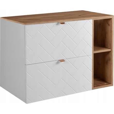 Rodan Waschbeckenunterschrank 80 cm, Weiß Matt, 46 x 80 x 62,3 cm, mit Waschtischplatte und braunem Badregal, feuchtraumgeeignet, Badmöbel