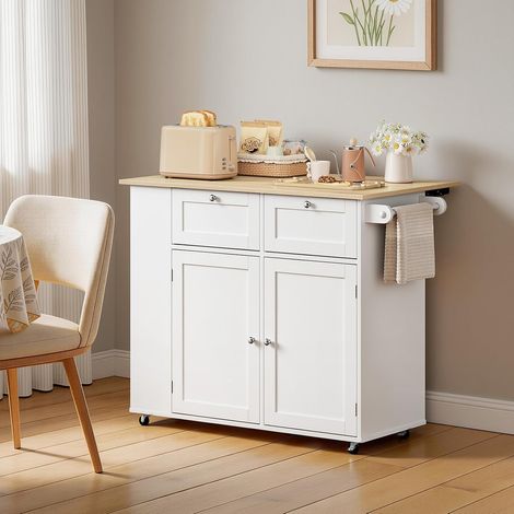 WOLTU Isola  Cucina con Ruote, Laterale 3 Ripiani e 2 Cassetti, Salvaspazio Portaoggetti, Rovere Chiaro + Bianco (1/5)