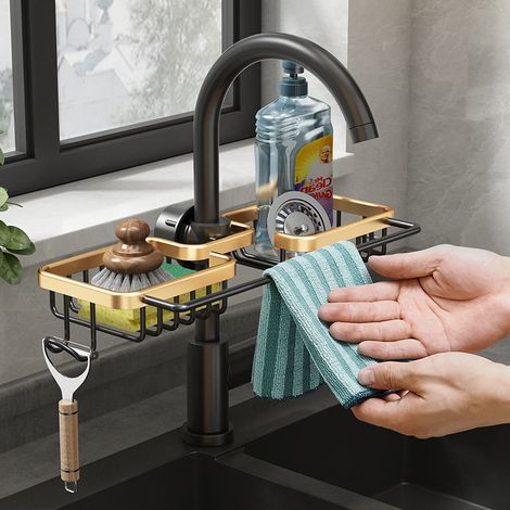 Étagère de rangement pour robinet avec porte-éponge et crochet, organisateur d'évier auto-adhésif sans trace et sans perçage pour salle de bain, dortoir, toilettes, cuisine (1/5)