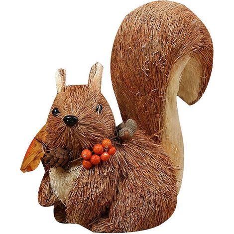 Handgefertigte Stroh-Eichhörnchenfigur mit Ahornblatt-Webmuster, Waldtierstatue, Dekoration für Ostern, Zuhause, Garten, Hochzeit, Party