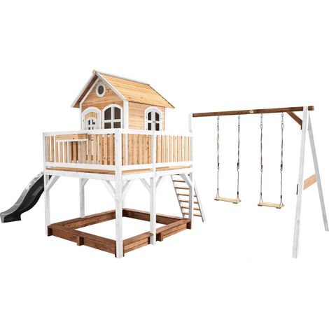 Axi Liam Maison Enfant Avec Bac À Sable, 2 Balançoires & Toboggan Gris  Aire De Jeux Pour L'Extérieur En Marron & Blanc  Maisonnette / Cabane De Jeu En Bois Fsc