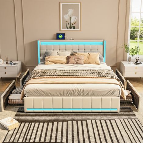 Lit double capitonné 140x190 cm - éclairage LED - fonction de charge USB - 4 Tiroirs - sommier à lattes - pour adultes et adolescents - lin - Beige (1/5)