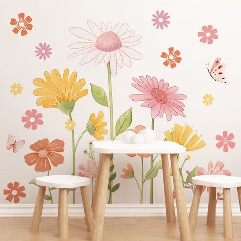 Vinilos decorativos bohemios con margaritas y flores silvestres - Decoración de pared para dormitorio, habitación de bebé, habitación infantil (1/5)