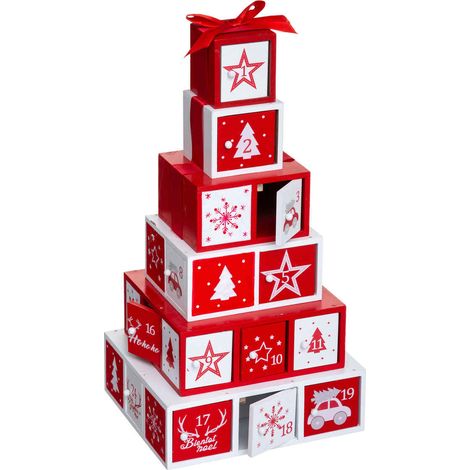 Calendrier de l'Avent en Bois Coloré Rouge et Blanc avec Boîtes Cadeau, Décoration de Noël, Dimensions 18x18x35 cm, Livraison Gratuite (1/4)