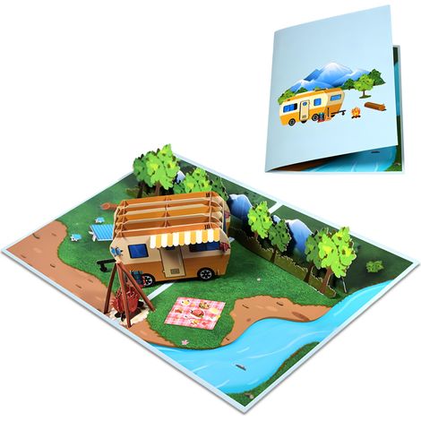 1 Carte pop-up camping, découpe laser, papier premium, motif caravane 3D, anniversaire fête des pères (1/5)