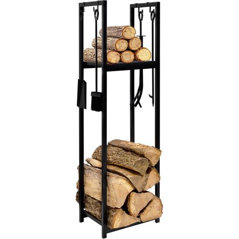 Vertikaler Kaminholzständer aus schwarzem Stahl mit Zubehör und 1 Regal H.112 CM (1/5)