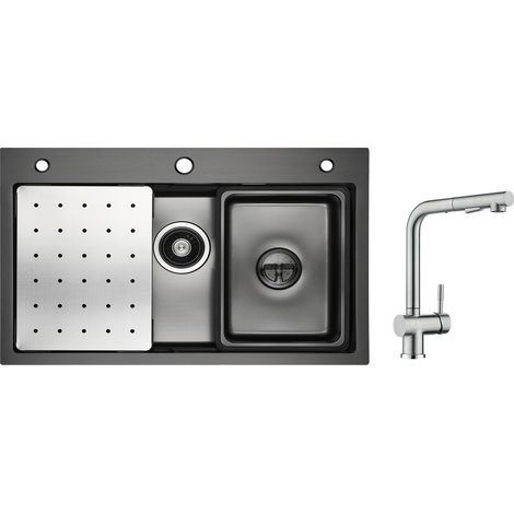 Lavello 1 Vasca Antracite 70×45 cm con Gocciolatoio, Vaschetta e Dosatore Sapone + Rubinetto Cucina con Doccetta, Miscelatore Estraibile Spazzolato (1/5)