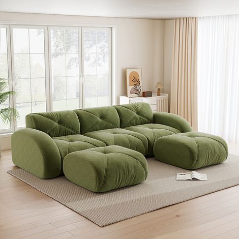 Canapé modulaire 3 places en chenille verte, forme U avec 2 poufs, sans montage (1/5)