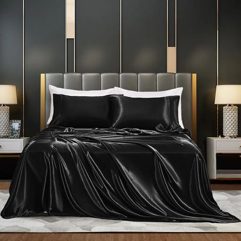 (198 x 203 + 36, Schwarz) Satin-Bettwäsche, 4-teiliges seidiges Bettdecken-Set, das Satin-Bettwäsche-Set beinhaltet ein Spannbettlaken mit tiefen Taschen, ein Bettlaken und 2 Kissenbezüge.