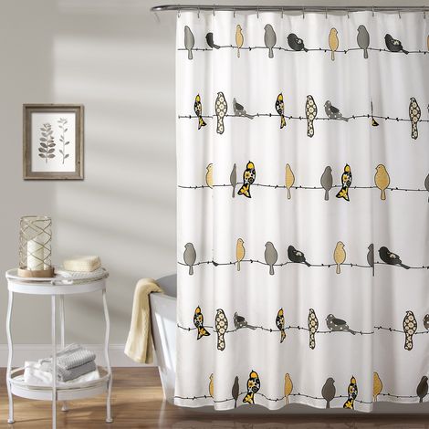 Rideau de douche à motifs d'oiseaux, 180 x 180 cm, gris jaunâtre - motif floral et d'oiseaux coloré.