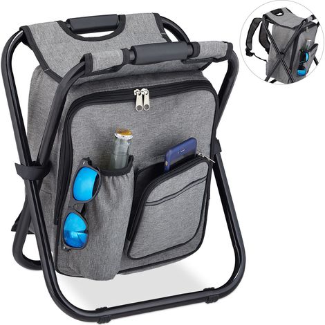 Relaxdays Camping Stool, Pockets, Folding, Portable, Lightweight & Stable, Backpack, Polyester, 43 x 35 x 29 cm, Grey (1/5)
