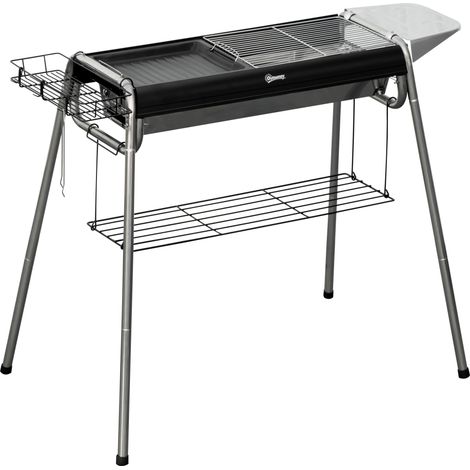 Barbecue a Carbonella con Griglia e Piastra di Cottura, Cestino e Ripiani, 107x63x75cm, Nero