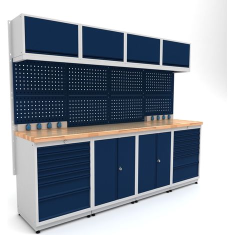 Établi d'atelier industriel 2480 mm PRACO M T16 - Plateau en hêtre massif - Éclairage LED - Tiroirs et armoire MW Tools PRAM2480T16 (1/3)
