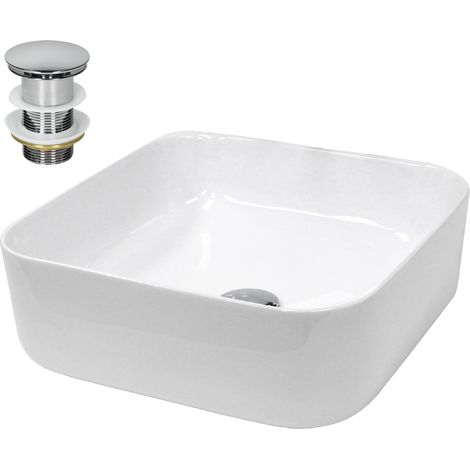 ECD Germany Lavabo Cerámico Cuadrado con Agujero Conexión Estandar - Blanco - Lavamanos Sobre Encimera - 390 x 390 x 140 mm - Diseño Moderno - Fregadero con Juego de Desagüe - Realza cada Baño o Aseo