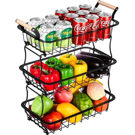 Corbeille à Fruits Métal Noir, panier de fruits et légumes à 3 Niveaux, panier fruits et légumes Grande Capacité, rangement légumes cuisine, Support Snack, Aussi comme porte-épices cuisine (1/5)