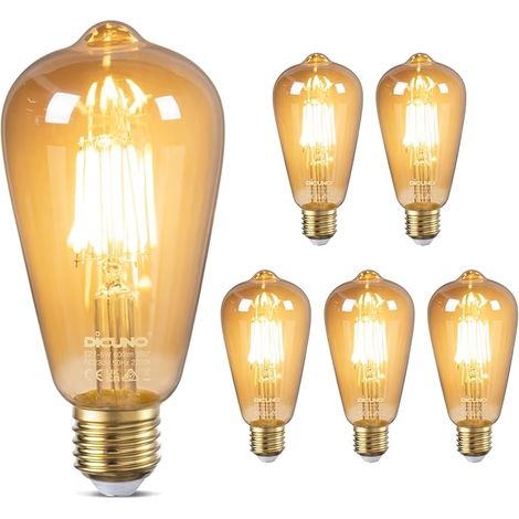 Bombilla LED de filamento DiCUNO E27, 6W (equivalente a 60W), 600lm, blanco cálido 2200K, cristal ámbar, bombilla Edison ST64 vintage, LED decorativa retro E27 para restaurantes, cafeterías y bares, n (1/5)