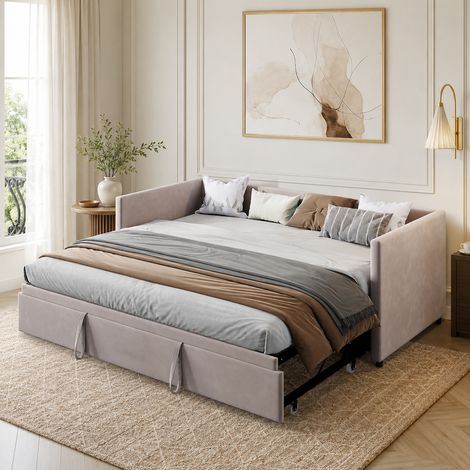 Lit double extensible 90/180×200 cm, lit capitonné, lit gigogne, cadre de lit 90/180×200, canapé-lit convertible 2 places, style moderne, sommier à lattes, lit adulte, lit ados, Velours, Gris (1/5)
