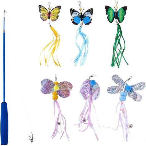 Kit de recharge de 7 pièces pour baguette de jeu créative pour chat, comprenant divers jouets interactifs rétractables en forme de papillons et de libellules. (1/5)