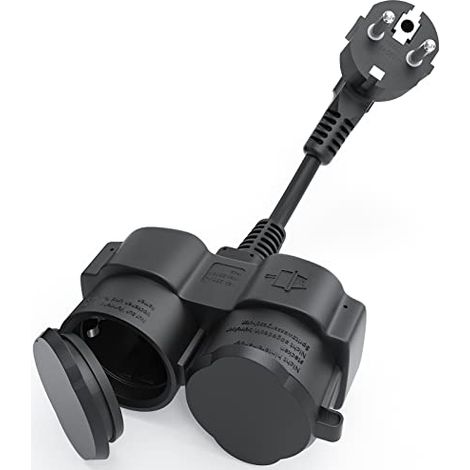 [NIEMALS VERWENDET] Verlängerungskabel mit Schuko Steckdosen, Doppelstecker Gummistecker für den Außenbereich, Outdoor Steckdose 2 in 1, Wasserdicht IP44 für Garten, Küche, Schwarz