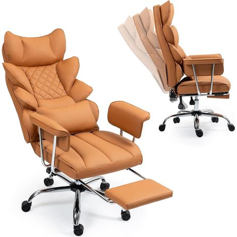 Fauteuil de bureau présidentiel inclinable en simili-cuir orange avec repose-pieds, dimensions 76 × 60 × 32 cm, chaise de bureau pivotante ergonomique (1/2)