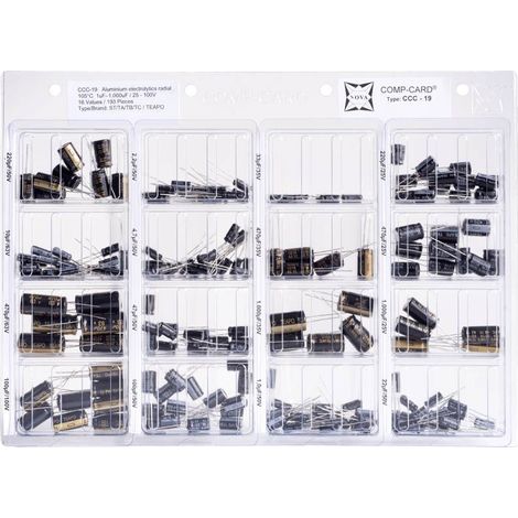 NOVA CCC-19 Assortiment de condensateurs électrolytiques sortie radiale 25 V, 35 V, 50 V, 63 V, 100 V 20 % 193 parties R722032