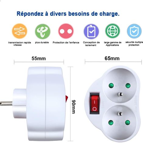 Prises Électriques avec Interrupteur, Multiprise 2 en 1 Electrique Murale Fiche, Prise Murale Electrique Idéal pour Chambre Bureau Domicile, 16A, 230V, Blanc MNS (1/4)