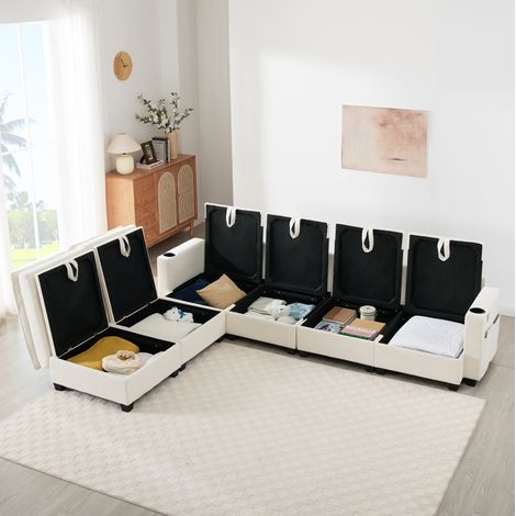 Canapé d'angle 6 places avec rangement, port USB et porte-gobelet, velours côtelé beige, repose-pieds modulable, Dimensions 280 x 152 x 83cm (1/5)
