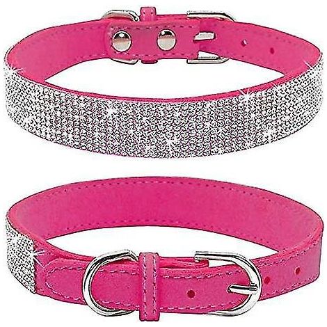 Collier pour chien orné de strass, mignon et scintillant, en cuir suédé doux, pour chien ou chat, avec strass et cristaux (XS, Noir) - XS - Rose vif (1/4)