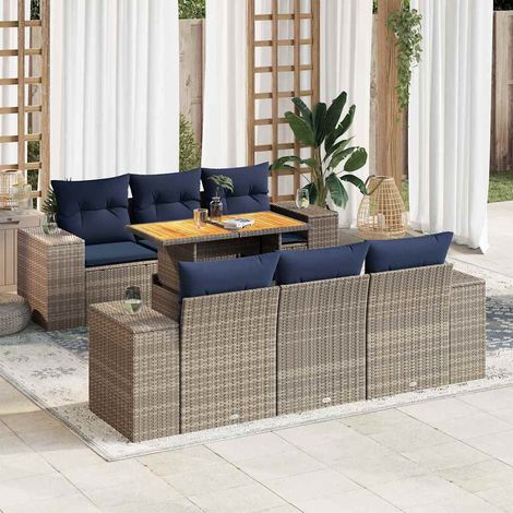 Set de sofás de jardín 7 pzas con cojines ratán sintético gris vidaXL (1/5)