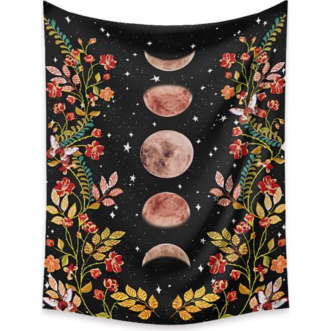 Tapisserie Murale - Jardin Au Clair De Lune - Phases Lunaires Et Motifs Floraux - 100 % Polyester - 1 Pièce (1/5)