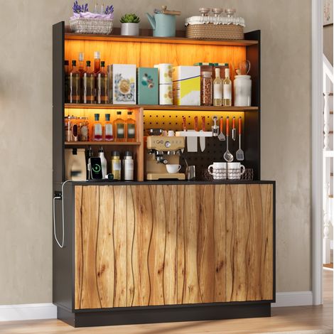 Mobile da cucina 120x43x160 cm in MDF nero e legno con LED e vani portaoggetti – MEUBLIV (1/5)