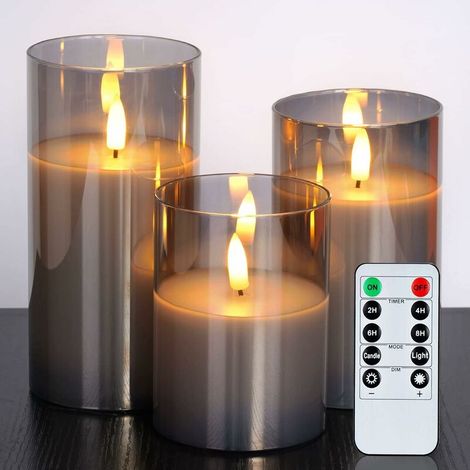 lot de 3 bougies LED sans flamme, bougies à piles, bougies piliers, fonctionnant sur piles avec télécommande et minuterie, bougies électriques, D3"H4"5"6", cire + verre gris - RWBougie (1/5)