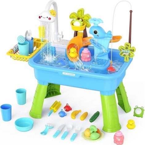 Table Eau Sable, Évier De Jeu Électrique avec Pompe Et Eau Courante avec 43 Pièces Accessoires de Jeux d - pour Enfant 3 Ans+ (Bleu) (1/5)