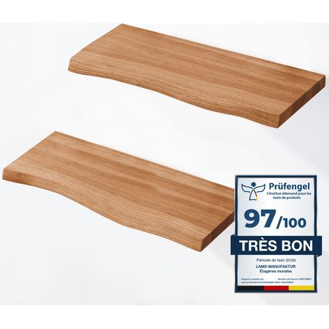Étagère murale en bois massif 2x 42cm – Fixation invisible – Bord irrégulier – Couleur naturelle – Pour salon, chambre, cuisine – Lamo Manufaktur