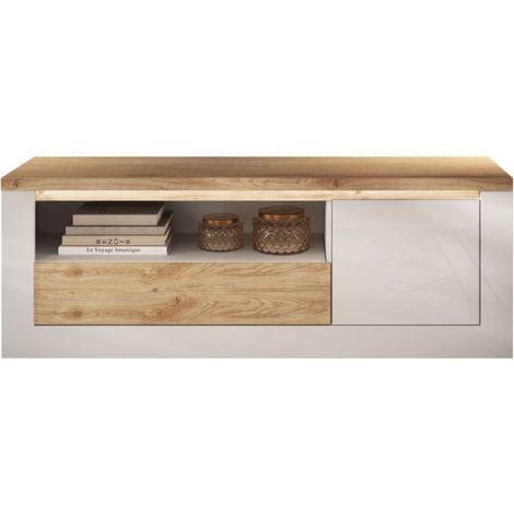 Banc TV SASHA – 1 porte, 1 tiroir et 1 niche ouverte avec LED – Blanc laqué et chêne Cadiz (1/5)