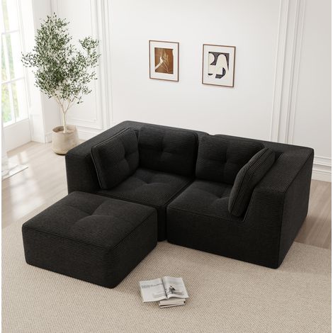 Divano angolare modulare in velluto a coste nero, senza montaggio, seduta profonda 74 cm (1/5)