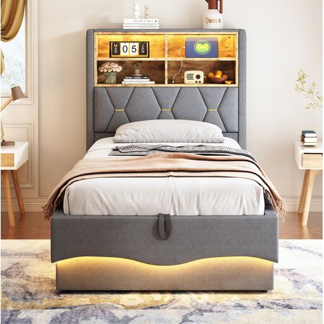 Polsterbett 90 x 200 cm mit LED, USB und hydraulischem Stauraum, grau HAVRYA (1/5)