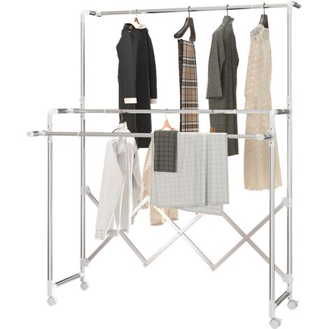 Sèche-linge pliable 3 barres réglables tour acier inoxydable sur roulettes intérieur extérieur 180x60x150cm