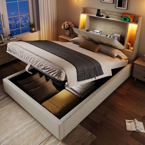 Lit rembourré en lin beige 90x200 cm avec rangements, LED, ports USB et USB-C, sans matelas (1/5)