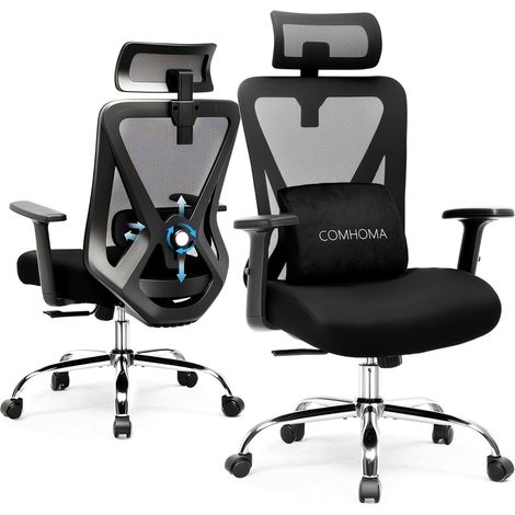 Chaise de Bureau Ergonomique,Fauteuil avec Appui-tête 3D & Appui Lombaire 3D, accoudoirs réglables, Office Chair avec Fonction Bascule et basculement,Noir (1/5)