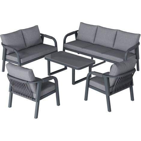 Gartenlounge Set 7 Personen Grau, Gartenmöbel Set Metall mit Glastisch, 3-Sitzer, 2-Sitzer, 2 Sessel, Seiloptik